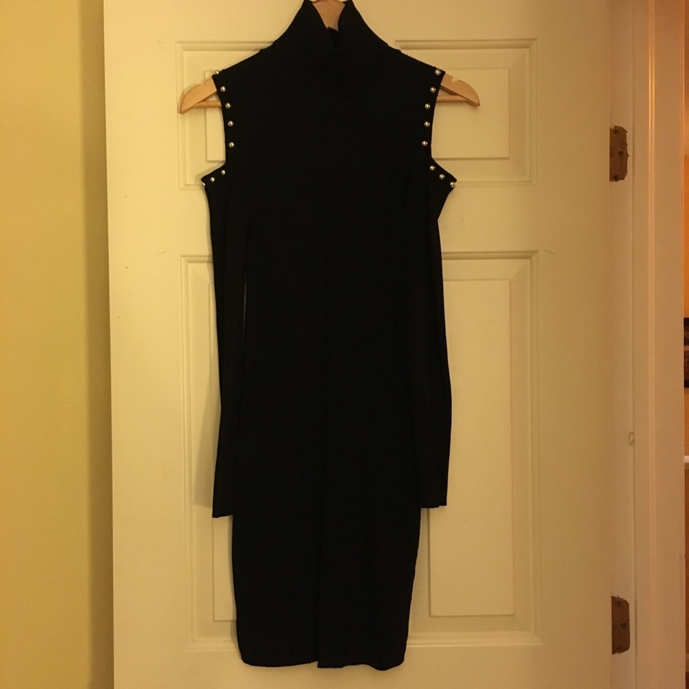 Zara studded bead cutout shoulder turtleneck dress